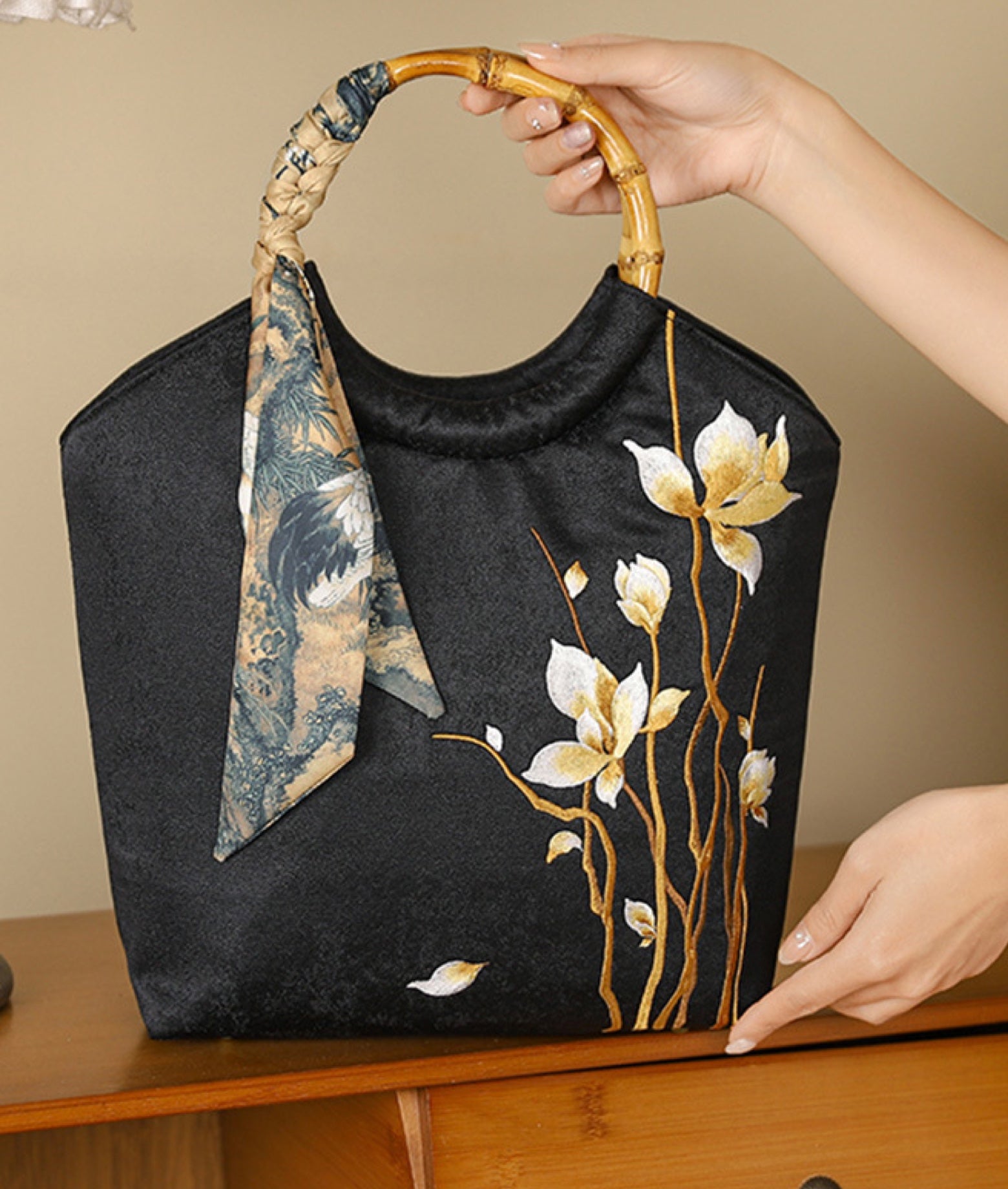 DEW silk scarf embellished embroidered tote bag Oriental Design
